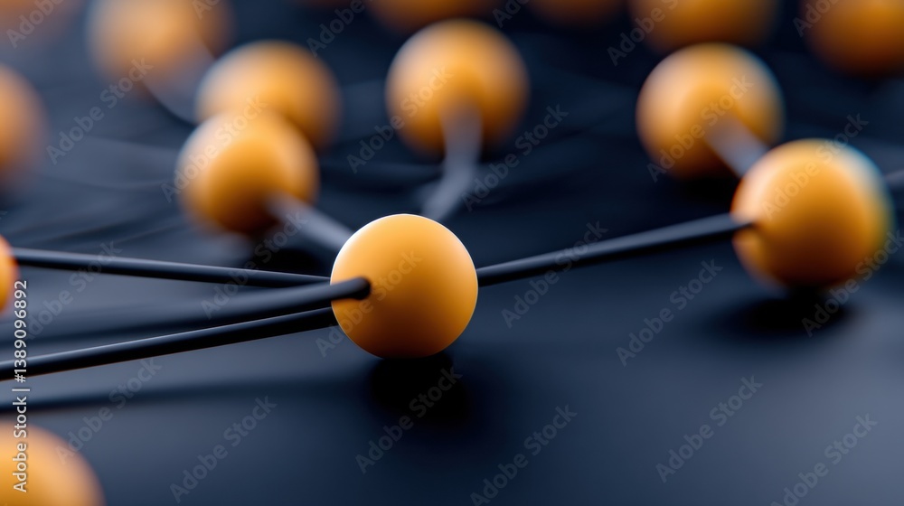 Poster a close-up view of interconnected particles, featuring orange spheres linked by thin black lines aga