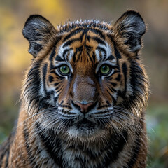 Fototapeta premium Close-up portrait of a majestic tiger with vivid green eyes and wet fur in a natural setting