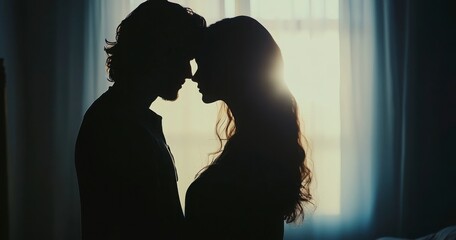 A couple is shown in silhouette, with the woman's hair in a braid. Scene is romantic and intimate