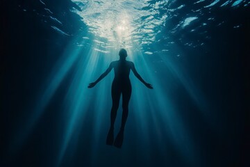 A person is swimming in the ocean with the sun shining on them. Concept of freedom and relaxation, as the person is enjoying the water and the warmth of the sun