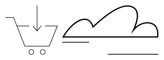 Minimalist shopping cart with an arrow representing downloads and a cloud icon symbolizing cloud storage. Ideal for ecommerce, technology, data, innovation, cloud services, digital marketing, flat