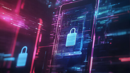 Mobile phone digital technology binary code on background loop with data safety, digital vault, IoT security, secure network concept. Cyber security, symbolized by a digital padlock on a phone screen