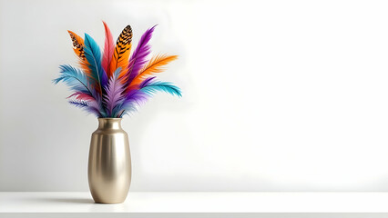 Vibrant Feather Arrangement in Gold Vase – A Striking Decorative Statement