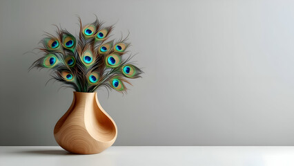 Elegant Wooden Vase with Vibrant Peacock Feathers – A Striking Decorative Accent