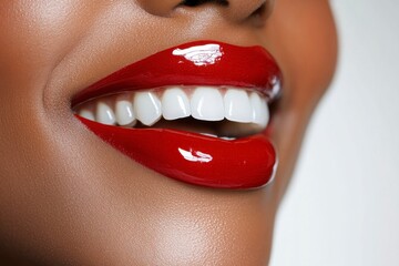 Obraz premium A woman with a red lip is smiling. Concept of happiness and confidence