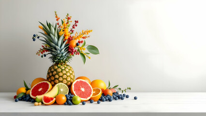 Vibrant Fruit Arrangement with Pineapple, Citrus, and Berries on White Surface