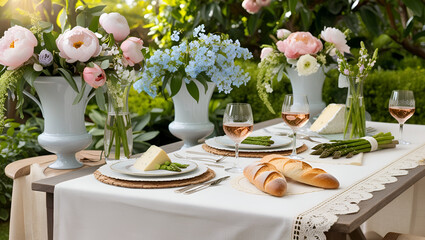 French garden lunch with white linen table, flowers, wine, cheese, and asparagus in soft romantic light