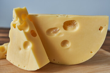 Cheese collection, piece of Swiss medium-hard cheese emmental with holes close up
