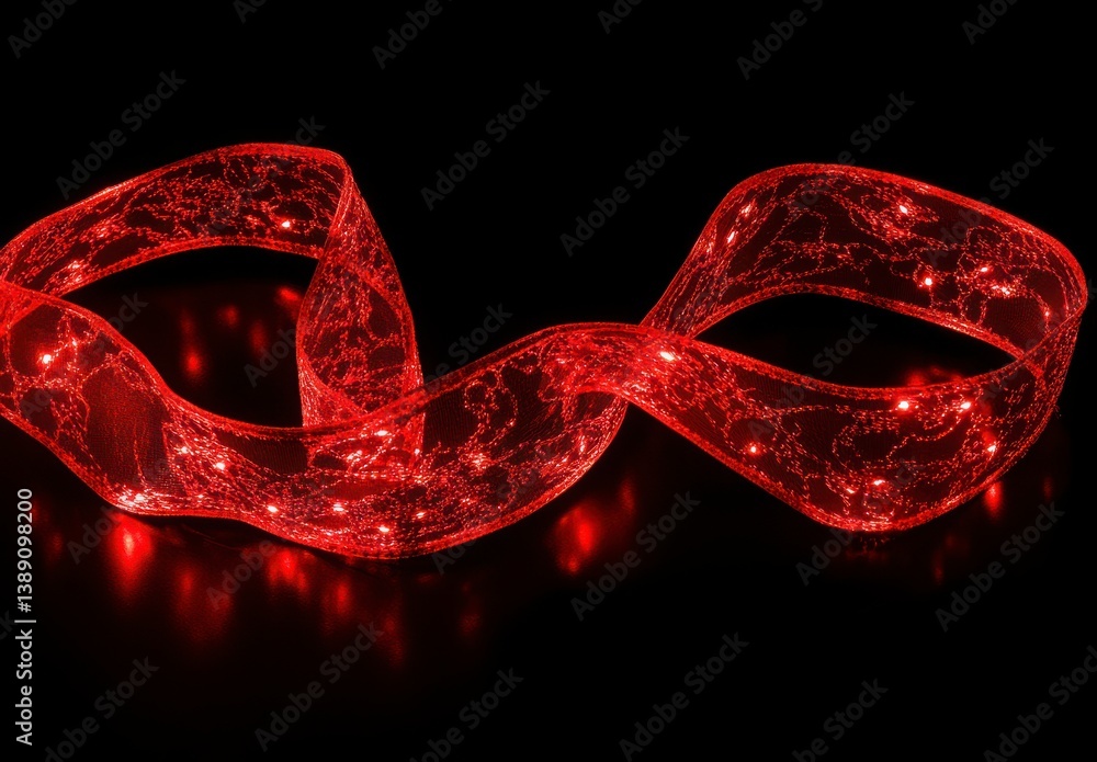 Poster a red ribbon with lights on it. the ribbon is long and has a wavy pattern. the lights on the ribbon 
