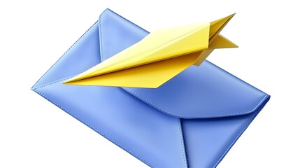 A 2D Illustration Of A Blue Envelope With Yellow Paper Airplane on Transparent Background