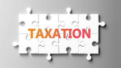 Taxation complex like a puzzle - pictured as word taxation on a puzzle pieces to show that taxation is complex and needs cooperating pieces that fit together. ,3d illustration