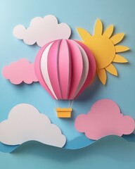 Obraz premium Whimsical paper art of hot air balloon soaring above serene sea under sunny sky pastel colors