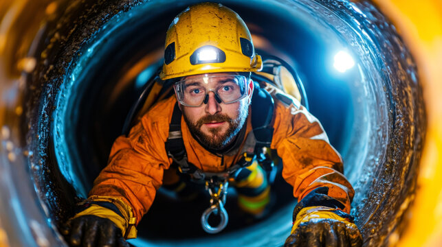 worker in confined space wearing safety gear, crawling through pipe, showcasing determination and focus
