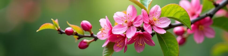 Beautiful cherry flowers blooming on branch with vibrant green leaves, springtime, plant