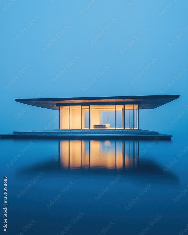 Poster minimalist architecture reflecting on calm water surface at dusk creating a serene and tranquil atmo