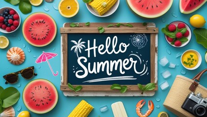 Vibrant Summer Travel Banner: Tropical Flat-Lay with Fresh Seasonal Foods & &lsquo;HELLO SUMMER&rsquo; Sign