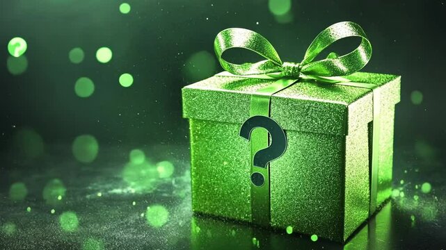 A vibrant green gift box with a question mark, surrounded by sparkling green lights, symbolizing mystery