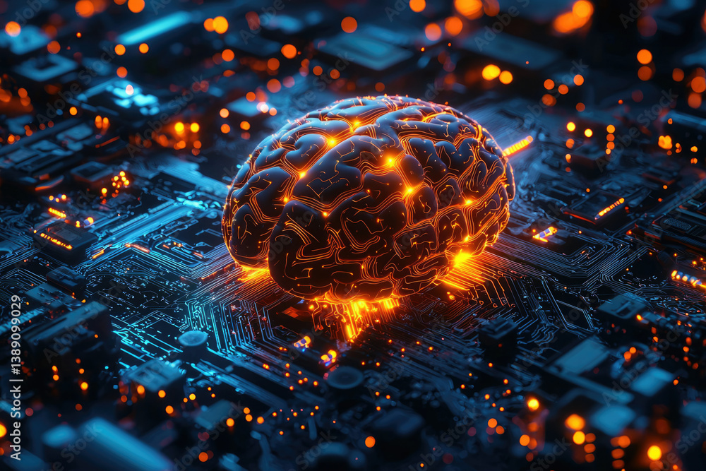 Aufkleber A glowing brain rests on a circuit board, symbolizing artificial intelligence and neural networks.