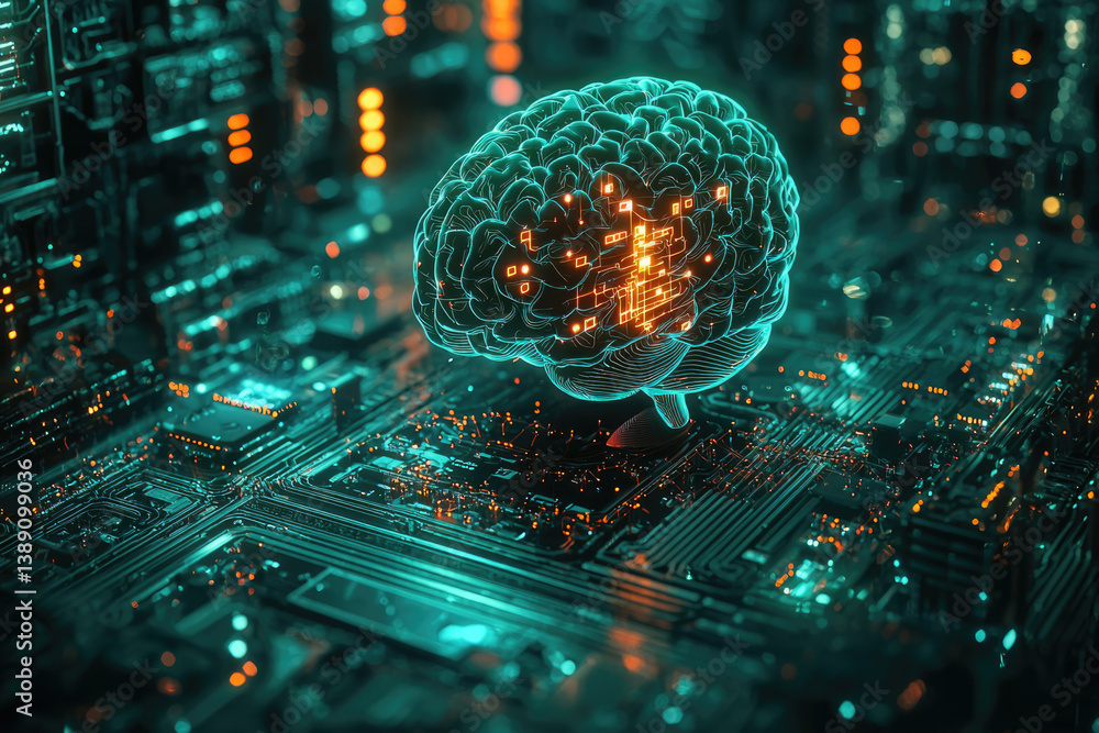 Aufkleber A digital brain rests on a circuit board, symbolizing artificial intelligence and neural networks.