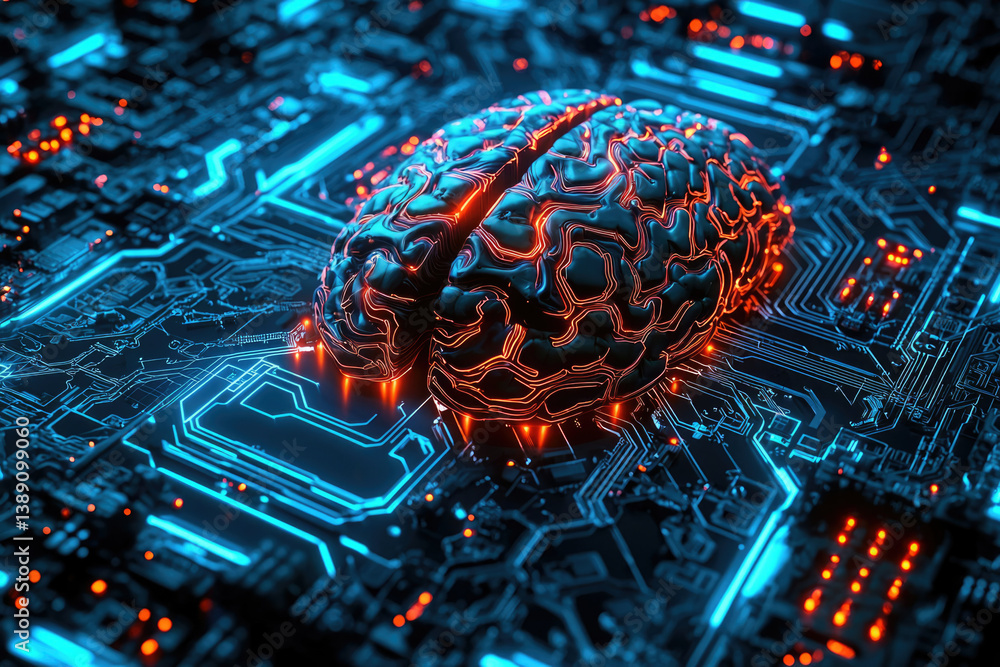 Poster A 3D rendering of a human brain on a circuit board, symbolizing artificial intelligence and neural networks.