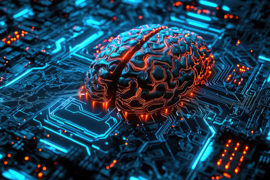 A 3D rendering of a human brain on a circuit board, symbolizing artificial intelligence and neural networks.