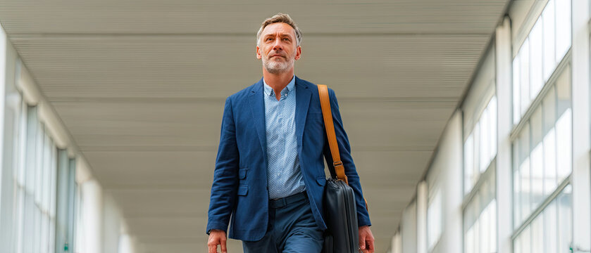 Handsome mature businessman walking in airport terminal for business travel
