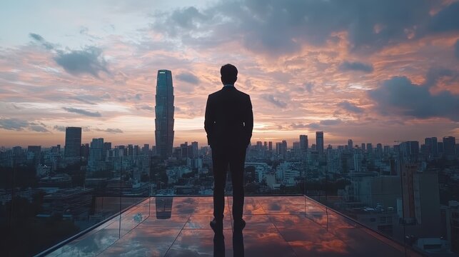 CEO standing confidently in a glasswalled office overlooking the city close up, focus on leadership, realistic, overlay, urban skyline backdrop