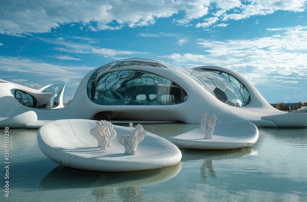 Poster a large white building with a lot of windows and a white sculpture in front of it. the building is s