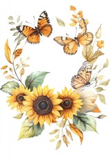 Watercolor painting depicting sunflowers with colorful butterflies on a white background