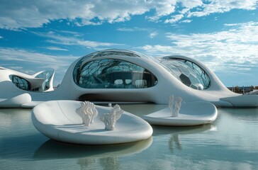 Obraz premium A large white building with a lot of windows and a white sculpture in front of it. The building is surrounded by water and has a unique design