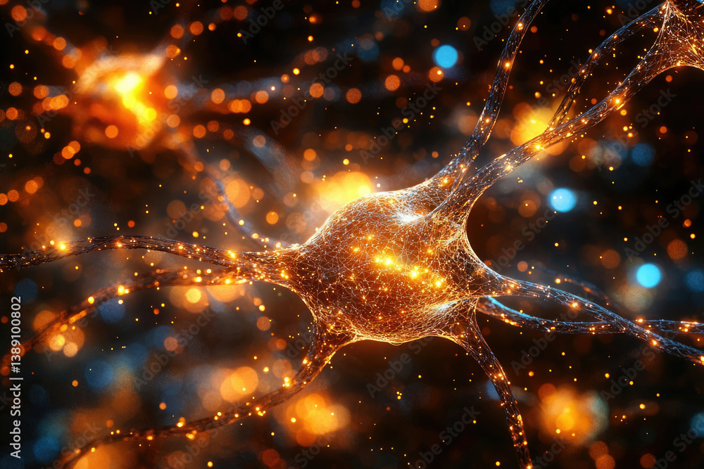 Poster a vibrant neuron, its network glowing with energy, represents the complex communication within the b