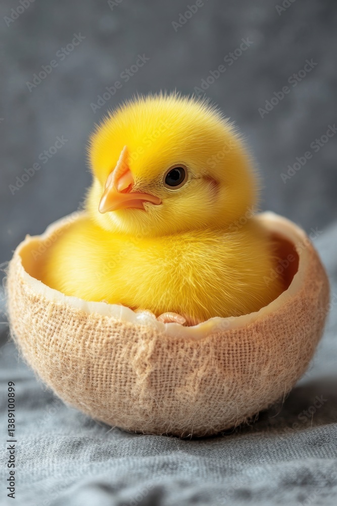 Poster adorable fluffy yellow chick nestled in a rustic burlap wrapped eggshell against a soft gray backdro