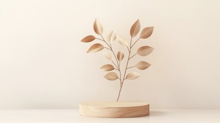 Minimalist wooden podium with golden leaves