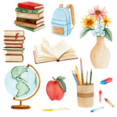 Watercolor school illustration featuring stacks of books, an open book, a globe, a backpack, an apple, a vase with flowers, and stationery.