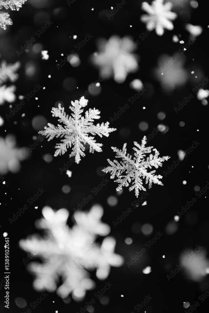 Poster ethereal winter scene showcasing intricate snowflakes against a dark backdrop creating a magical and