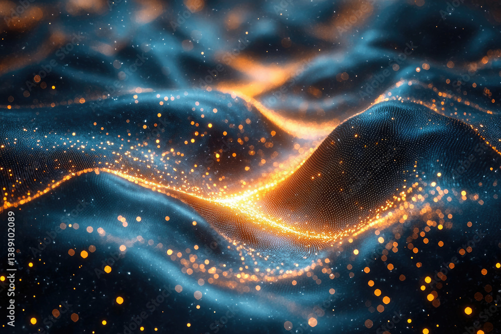 Poster abstract digital art depicting glowing particles forming undulating waves in shades of blue and oran