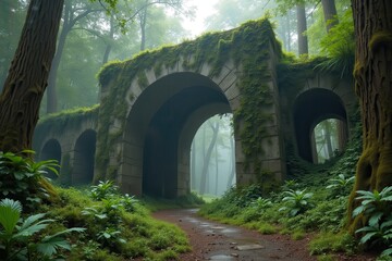 Fototapeta premium Ancient arches in misty landscape