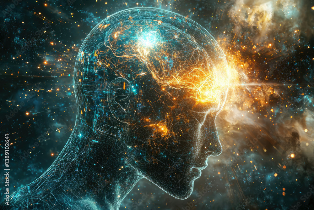 Poster a digital rendering of a head with energy radiating from the brain, set against a cosmic backdrop.