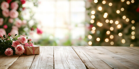 Empty wooden table for product placement with pink roses and gift box, festive bokeh lights in background, concept of product placement for Mother's Day, birthday, or romantic holidays.