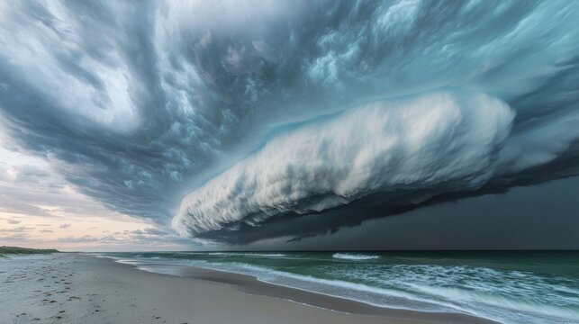 Dramatic cloud formation over the ocean at dusk with rolling waves and sandy beach