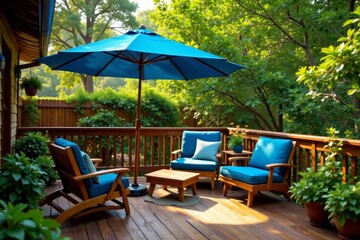 Cozy backyard deck with blue umbrella and wooden furniture, modern, lifestyle, patio