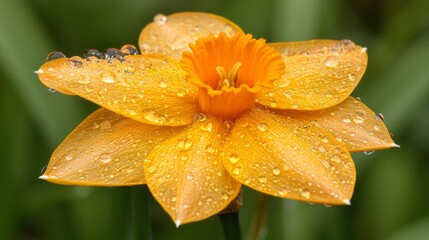 Fototapeta premium Close-up of Vibrant Yellow Daffodil Flower with Water Droplets on Petals