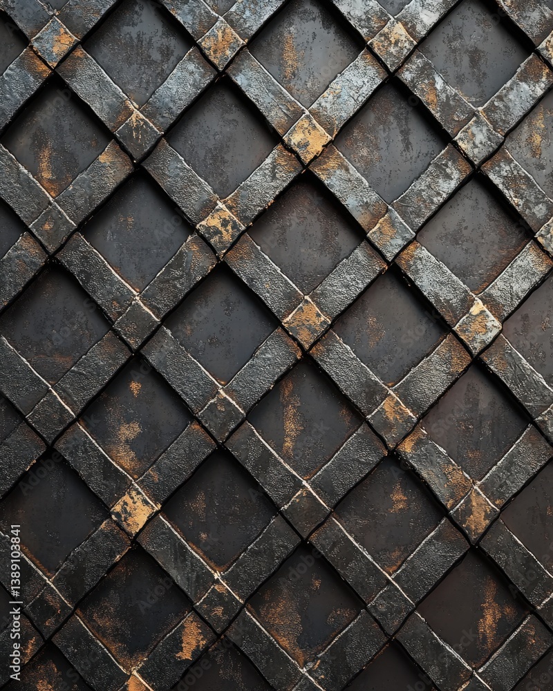 Poster ornate wrought iron gate with a diamond pattern and weathered texture creating an old world charm fo