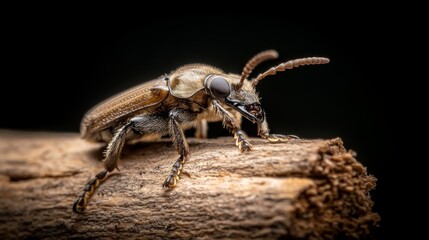 Fototapeta premium Close-Up of a Detailed Insect on Wood with Dark Background