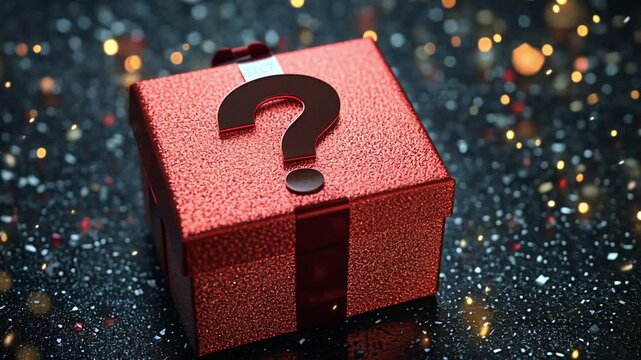 A sparkling red gift box with a question mark sits on a glittery surface, evoking curiosity