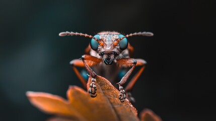 Naklejka premium Close-Up of Intricate Insect with Vibrant Eyes on Leaf Surface