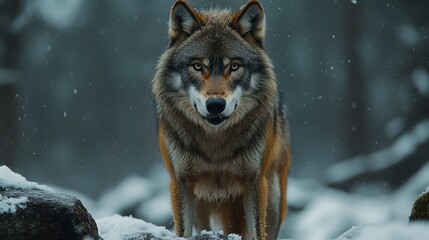Obraz premium Wolf stares intently, against a snowy forest backdrop, majestic and cold