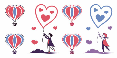 Cute Cartoon Valentine's Day Heart Balloons People Vector Red Blue Purple