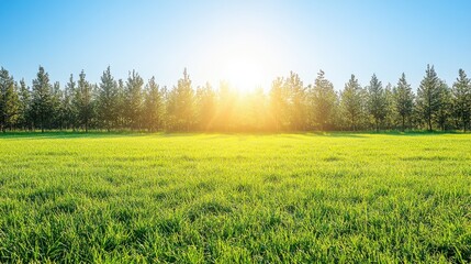 Sun shines over verdant field, trees line horizon against bright sky