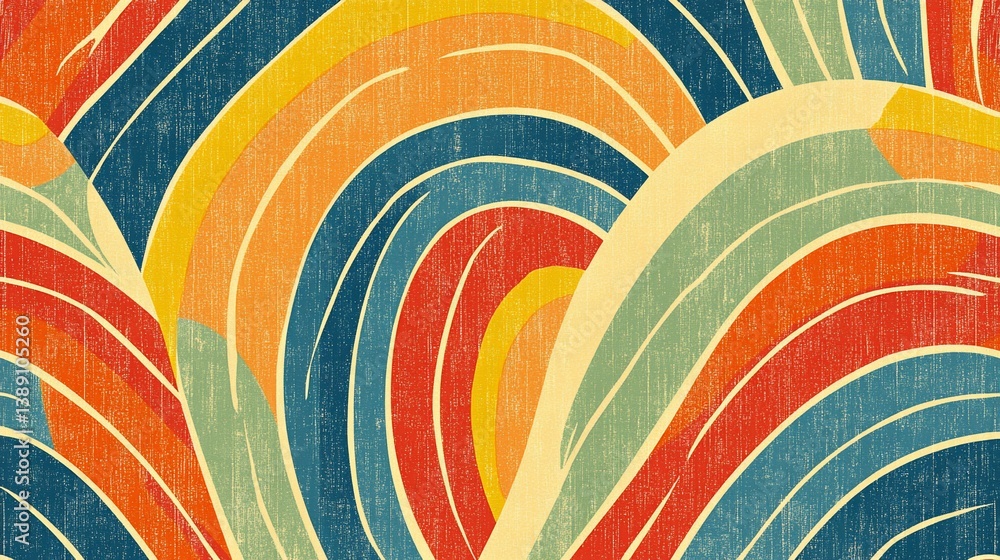 Poster groovy vintage arcs: retro textured pattern in bold colorful wave design